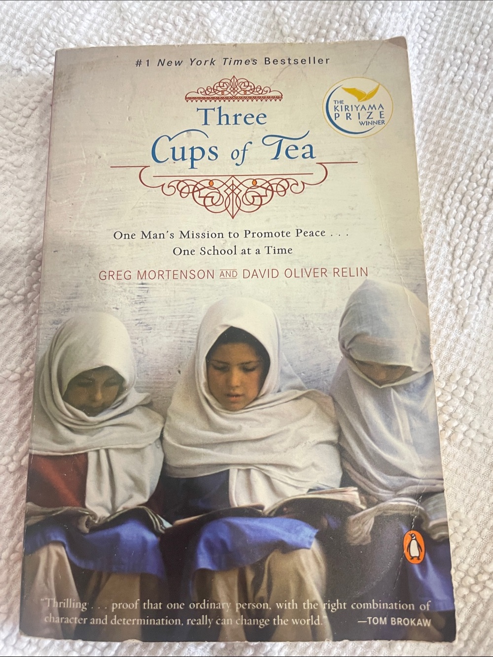 Three Cups of Tea paperback book - cream, blue